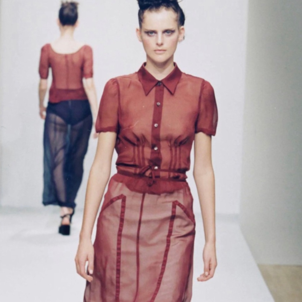 Prada 1997 runway red sheer silk button up
blouse top